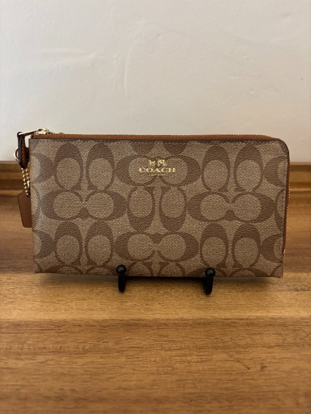 Coach Signature Brown Coated Canvas Double Zippered Wallet
